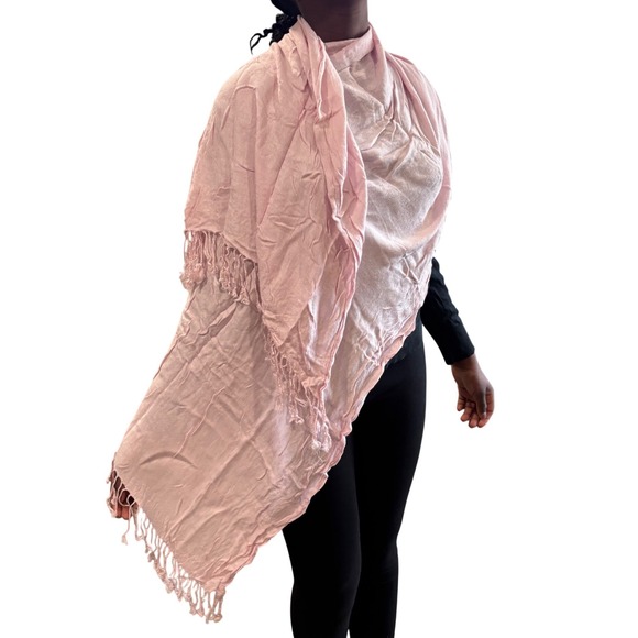 Pink Pashmina Style Scarf Lightweight Woven Shawl with Knotted Fringe Trim - Picture 3 of 6